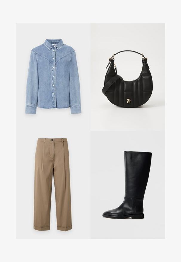 Ljusblå denimskjorta med långa ärmar, knapprad fram, spetsig krage och västernstil detaljer på axlarna.; Bruna vida byxor med flat framsida och veck, knäppning med knapp och uppvikt mudd, tillverkade av slät tyg.; Svart läderknähöga stövlar med rund tå, slät textur, minimalistisk design och platt sula. Enkla sömdetaljer på skaftet.; Svart läderhandväska med en böjd form, vadderad textur och guldfärgade detaljer. Har en avtagbar axelrem och logotypdetalj.