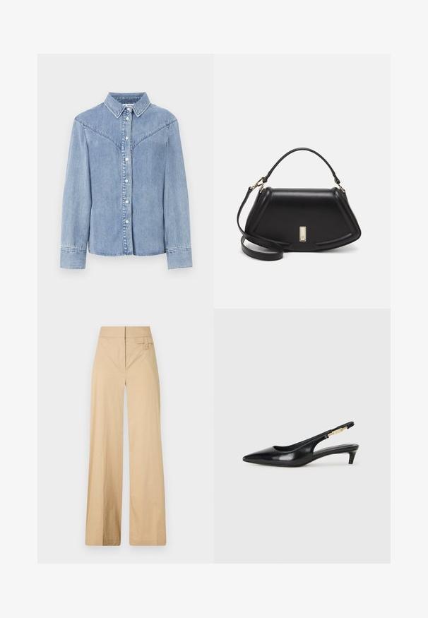Lyseblå denimskjorte med lange ermer, knappet front, spiss krage og vestlig stil på yoke-detaljene på skuldrene.; Beige vidje bukser laget av bomullsblandingsmateriale. Har en jevn tekstur, elastisk midjebånd og en sideknappdetalj.; Sorte lærreim hæler med spiss tå, som har en slank hæl og en gullfarget detalj på den justerbare stroppen. Glatt tekstur.; Sort lærveske med en strukturert design, som har en avkortet form, topphåndtak og detaljer i gull. Justerbar skulderstropp inkludert.