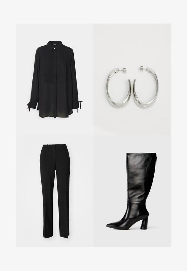 Μαύρο πουκάμισο με μακριά μανίκια, κολάρο με κουμπιά, πτυχές μπροστά και λεπτομέρειες με λουριά στους καρπούς. Κατασκευασμένο από ελαφρύ ύφασμα με απαλή υφή.; Μαύρο παντελόνι με ραφή που έχει σχεδιασμό ίσιας γραμμής, διαθέτει λεία υφή και καθαρές πτυχώσεις κατά μήκος της μπροστινής πλευράς. Χωρίς ορατό μεταλλικό υλικό.; Μαύρη δερμάτινη μπότες μέχρι το γόνατο με μυτερή μύτη, λεία υφή και χοντρό τακούνι. Διαθέτει λεπτομέρεια φερμουάρ στο πίσω μέρος.; Ασημένια σκουλαρίκια κρίκοι με μαλακή, καμπυλωτή σχεδίαση. Διαθέτουν γυαλιστερή μεταλλική υφή και κλείσιμο με σφίγγα. Χωρίς ορατά μοτίβα ή διακοσμήσεις.
