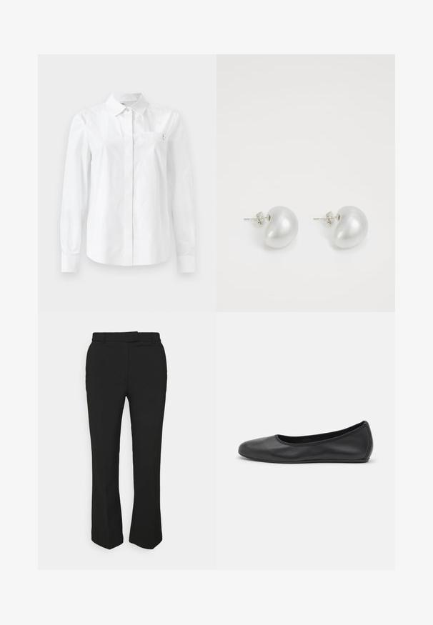 White long-sleeve shirt made from smooth cotton, featuring a classic collar, front button closure, and a chest pocket with a logo detail.; Black tailored pants with a straight-leg design, featuring belt loops and side pockets. Made from smooth fabric with a clean finish.; Black leather ballet flat with a rounded toe, smooth texture, minimal stitching detail, and a flexible sole design.; Silver pearl earrings with a curved, bean shape. Smooth, shiny surface and secured with a post and back closure.