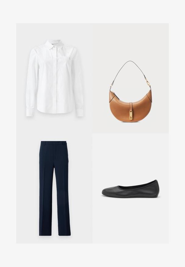Fehér, hosszú ujjú ing, sima pamutból készült, klasszikus gallérral, elöl gombos záródással és logós mellzsebbel.; Sötétkék nadrág sima anyagból, egyenes lábszárral, elülső pliszékkel és oldalsó zsebekkel a szabott megjelenés érdekében.; Fekete bőr balettcipő lekerekített orral, sima tekstúrával, minimális varrással és rugalmas talp kialakítással.; Nádj bőr kézitáska íves formával, arany színű fém díszítéssel és vékony vállpánttal. Cipzárral záródik és logó részlet található az elején.