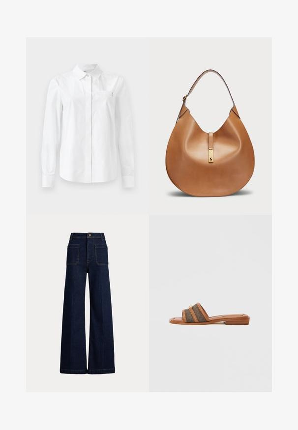 Camicia bianca a maniche lunghe realizzata in cotone liscio, con colletto classico, chiusura frontale con bottoni e taschino sul petto con dettaglio del logo.; Jeans in denim scuro a gamba larga con vita alta, design a cinque tasche e cuciture a contrasto. Presentano una chiusura con bottone e una forma strutturata.; Sandalo infradito marrone con due ampie fasce in tessuto a motivo scuro, con tacco basso e dettaglio in metallo dorato.; Borsa a tracolla in pelle color cuoio dalla forma curvata e con una larga tracolla. Presenta un accento in metallo dorato al centro e una superficie liscia.