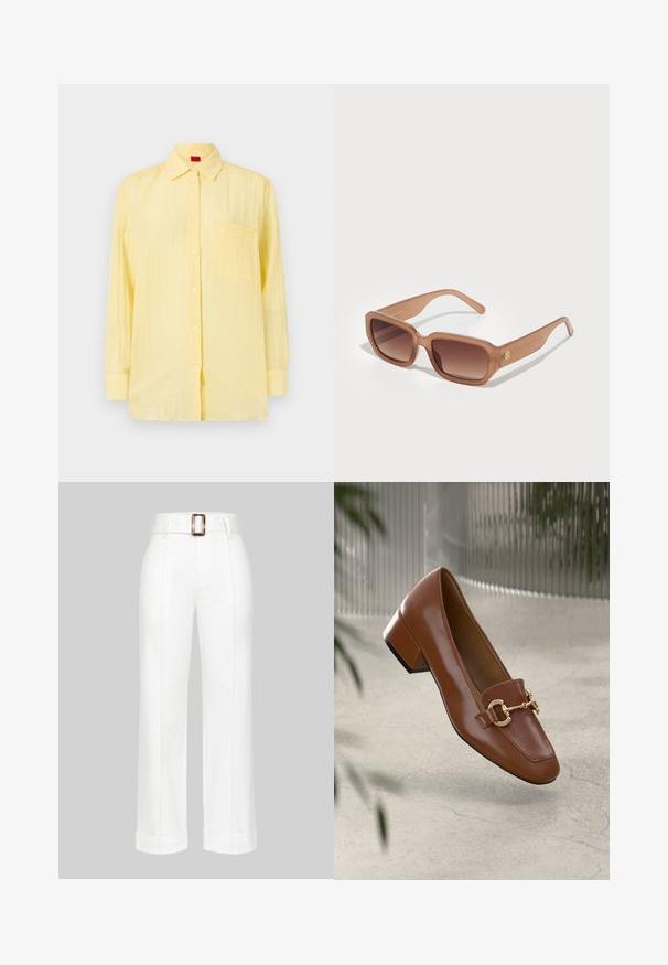 Sárga, hosszúujjú ing, gombos gallérral, egyetlen mellzsebbel és texturált anyaggal. Fehér gombokkal és laza szabással rendelkezik.; Fehér, széles szárú nadrág, pamutból készült. Magas derék jellemzi, nagy téglalap alakú övcsattal, valamint varrott részletek találhatók a nadrág szárán.; Barna lakkbőr loaferek négyzet alakú orral, fém lánc díszítéssel és alacsony blokk sarkú kialakítással; sima textúra, minimalista design.; Barna téglalap alakú napszemüveg, átmenetes lencsékkel, vastag kerettel és logóval az oldalon. Simább műanyag anyag, minimalista kialakítás.; Fehér, strukturált kézitáska rövid füllel és vállpánttal, arany színű fém kiegészítőkkel és texturált anyagból, szürke háttér előtt bemutatva.