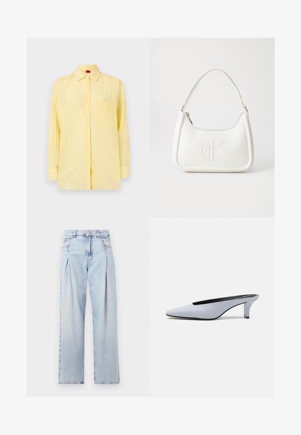 Camisa amarilla de manga larga con cuello abotonado, un bolsillo en el pecho y tejido texturizado. Presenta botones blancos y un ajuste relajado.; Jeans de mezclilla azul claros con cintura alta, corte de pierna ancha, dos bolsillos laterales y un diseño plisado. Textura suave con un acabado deslavado.; Mule de charol azul claro con punta afilada, tacón transparente bajo y un diseño elegante que presenta un corte en la parte superior.; Bolso de mano de cuero blanco con forma curvada, con un logo "CK" en relieve en la parte delantera y una sola correa para el hombro. Cierre de cremallera en la parte superior.