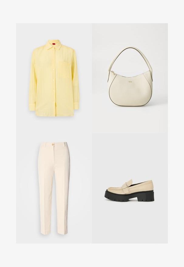 Camisa amarilla de manga larga con cuello abotonado, un bolsillo en el pecho y tejido texturizado. Presenta botones blancos y un ajuste relajado.; Pantalones de color crema, de cintura alta, hechos de tela texturizada. Cuentan con un cierre de botón en la parte frontal y piernas ajustadas.; Mocasines de cuero beige con suela gruesa negra, con una hebilla decorativa y detalle de costura en la parte delantera. Vista lateral.; Bolso color crema con acabado texturizado, forma curvada, asa corta y detalle del logotipo en tono dorado. Cierre con cremallera en la parte superior.