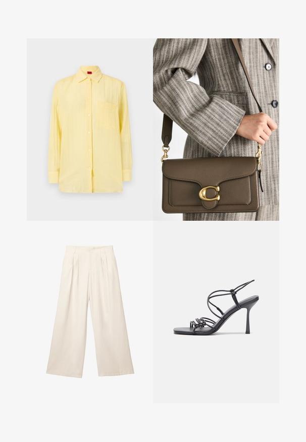 Cămașă galbenă cu mâneci lungi, cu guler căptușit, un singur buzunar pe piept și un material texturat. Prezintă nasturi albi și o croială confortabilă.; Pantaloni cu croi larg în culoare bej deschis, confecționați dintr-un material moale și texturat. Prezintă pliseuri frontale și o talie elastică pentru un confort maxim.; Sandale negre cu toc înalt au curele subțiri cu un design legat, un vârf pătrat neted și un toc stiletto elegant.; COACH TABBY SHOULDER BAG 26 - Geantă de mână - dark stone; Cercei creole din argint cu suprafață netedă și lucioasă, având o formă curbată și închidere cu tija. Design minimalist cu un finisaj modern.
