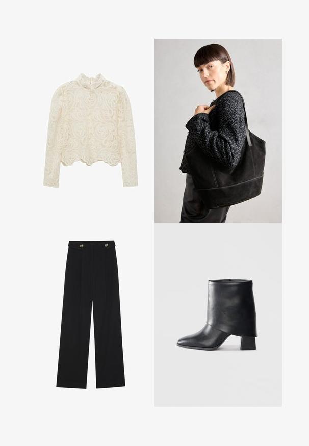 Mango Blusa - off-white; Pantalones de pierna ancha negros con cintura alta, detalles de botones en la cinturilla y pliegues en la parte delantera.; Bota de cuero negro hasta el tobillo con punta afilada, textura suave y un tacón bloque estructurado. Presenta un diseño de puño alto y doblado.; Bolso tote de ante negro con una textura suave, forma estructurada y costuras en contraste. Presenta asas largas para llevar en el hombro.