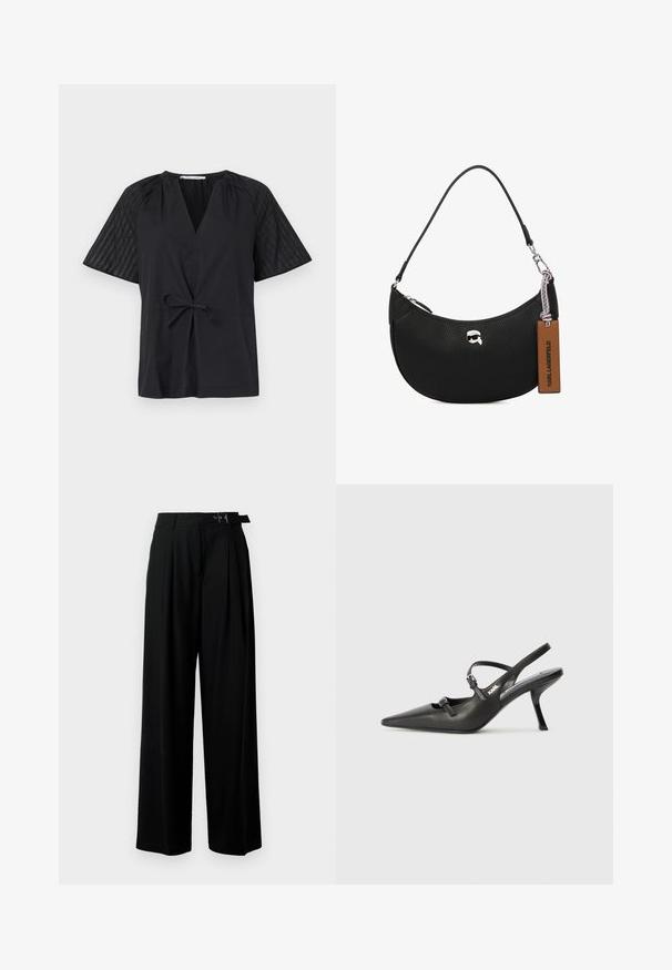 Czarna bluzka z dekoltem w serek, krótkimi rękawami i wiązaniem w talii. Posiada teksturowany, wzorzysty materiał na rękawach oraz gładką część ciała.; Czarne spodnie szerokie w nogawkach z wysokim stanem, z plisami z przodu oraz paskiem z klamrą. Wykonane z gładkiego, lekkiego materiału.; Czarne skórzane sandały na obcasie typu slingback z wydłużonym noskiem, smukłym obcasem i ozdobnym zapięciem na cholewce. Gładka tekstura i elegancka forma.; Czarna skórzana torba o fakturze powierzchniziwczyni, o zaokrąglonym kształcie, zamykana na zamek błyskawiczny na górze, z metalowymi elementami w kolorze srebrnym i brązową metką. Posiada akcent logo.