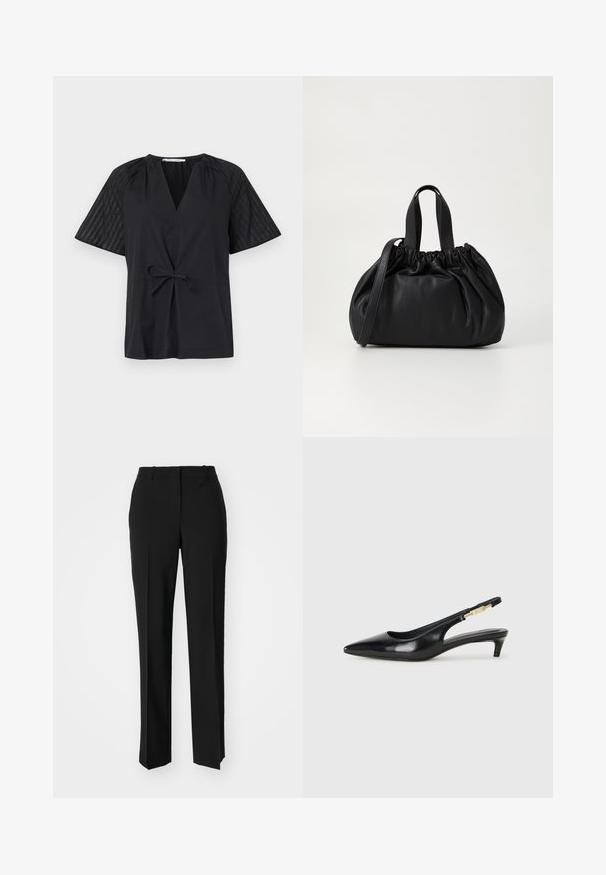 Top nero con scollatura a V, maniche corte e vita con fiocco. Presenta un tessuto testurizzato e a fantasia sulle maniche e un corpo liscio.; Pantaloni neri su misura con un design a gamba dritta, caratterizzati da una texture liscia e pieghe ben definite sul davanti. Senza hardware visibile.; Tacchi slingback in pelle nera con punta affusolata, caratterizzati da un tacco alto e un accento dorato sulla cinghia regolabile. Texture liscia.; Borsa a tracolla in pelle nera con design a cima arricciata, dotata di due manici corti e di una lunga tracolla regolabile. Texture liscia, forma arrotondata.