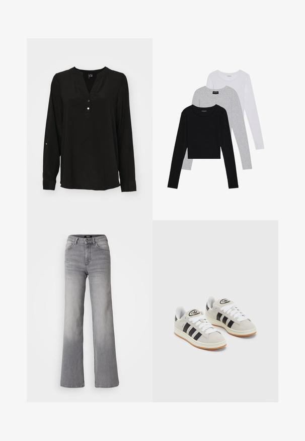 Juoda ilgomis rankovėmis palaidinė su apvaliu iškirpimu, trimis dekoratyvinėmis sagutėmis prie apykaklės ir laisvu siluetu. Sklandus audinio paviršius.; Trijų ilgomis rankovėmis marškinėlių krūva: juodas, pilkas ir baltas. Kiekvienas turi apvalų iškirpimą ir trumpą dizainą, pagamintas iš lygaus, lengvo audinio.; Aukštai juosmens tiesios kojos pilkos džinsinės kelnės su priekiu užsegamu mygtuku ir užtrauktuku, priekiniais ir galiniais kišenėmis, bei išblukimu ant šlaunų ir blauzdų.; Grynos zomšos sneakeriai su baltais raišteliais, juodomis juostelėmis ir balta gumine sole. Turintys apskritą logotipą ant liežuvėlio ir guminę sole.