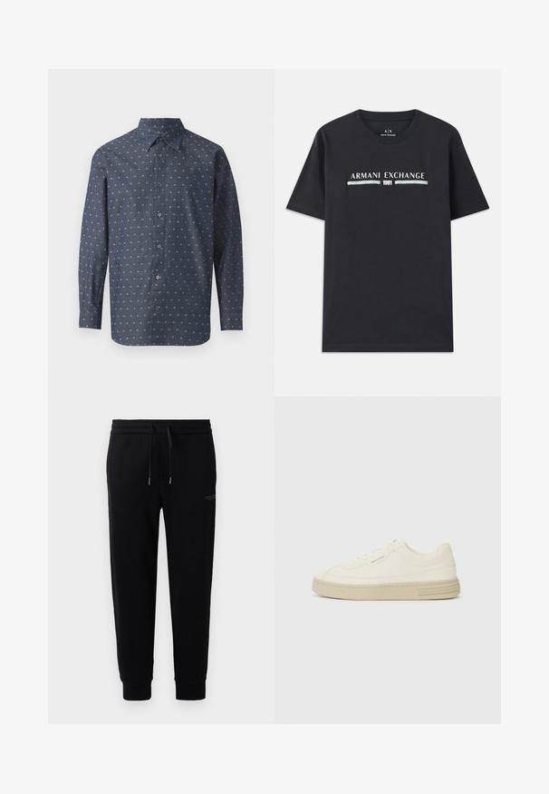 Nodrošināta krekla saspraužama krekla tumšā jūras zilā audumā ar teksturētu mazo balto un gaiši zilo rakstu zīmējumu, kas aprīkots ar standarta apkakli un garām piedurknēm.; Melna kokvilnas t-kreklu ar "Armani Exchange" logotipu un "1991" baltā un gaiši zila tekstā, kas izvietots krūšu daļā. Īsās piedurknes, apaļa kakla izgriezuma forma.; Melnas sporta bikses, izgatavotas no kokvilnas maisījuma, ar elastīgu jostu un auklu, piedurkņu galiem ar elkoņiem un diskrētu logo druku sānos.; Baltas kanvas sporta apavi ar strukturētu gumijas zoli, ar šūtu purngalu un logotipu uz papēža. Vienkāršs auklu aizdare dizains.