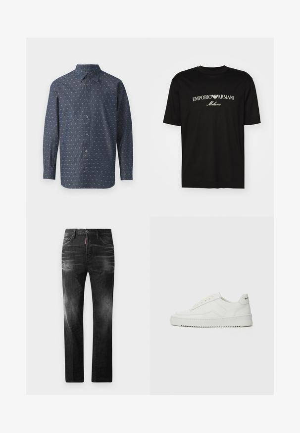 Hemd in dunkelblauer Wahl aus einem strukturierten Stoff mit kleinen weißen und hellblauen Mustern, ausgestattet mit einem klassischen Kragen und langen Ärmeln.; Schwarzes Baumwoll-T-Shirt mit Rundhalsausschnitt, kurzen Ärmeln und dem "EMPORIO ARMANI"-Logo in Weiß über dem geschwungenen Schriftzug "Milano".; Schwarze Jeans aus Denim mit geradem Schnitt. Verfügt über ausgebleichte Bereiche, leichte Abnutzung, klassisches Fünf-Taschen-Design und einen Knopfverschluss.; Weiße Ledersneaker mit glatter Oberfläche, runder Zehenpartie, flachen Schnürsenkeln und strukturiertem Sohlenprofil. Mit einem dezenten Logo an der Ferse.