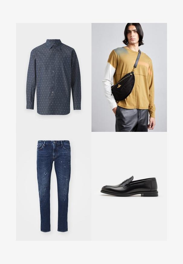 Gombos ing sötét tengerészkék anyagból, kis fehér és világoskék mintákkal textúrált nyomaton, szabványos gallérral és hosszú ujjal.; Sötétkék, slim fit farmernadrág, festékcseppekkel, látható varrással és klasszikus öt zsebbel. Egyenes szárú fazon.; Fekete bőr loaferek sima textúrával, kerek orral és dekoratív pánttal a vampnál. Alacsony, rétegelt sarkú, minimalista dizájn.; Vivienne Westwood CITY BUMBAG UNISEX - Övtáska - black