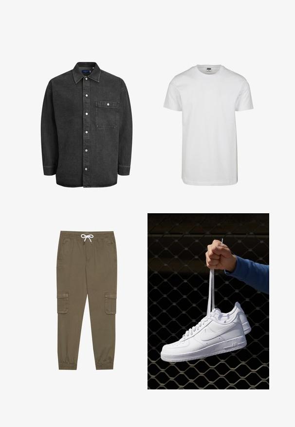 Černá džínová košile s dlouhými rukávy, širokým límcem, zapínáním na knoflíky a jednou kapsou na hrudi. Obsahuje stříbrné patentky a volný střih.; Bílý bavlněný tričko s kulatým výstřihem, krátkými rukávy a volným střihem. Štítek uvádí "URBAN CLASSICS." Hladký povrch, žádné vzory ani detaily.; Khaki cargo kalhoty s elastickým pasem a tkaničkou, s bočními kapsami a manžetami na kotnících. Vyrobeno z texturovaného, lehkého materiálu.; Bílé kožené tenisky s perforacemi, kulatou špičkou, plochou podrážkou a silnými tkaničkami, které mají viditelné logo swoosh a nápis "AIR" na patě.