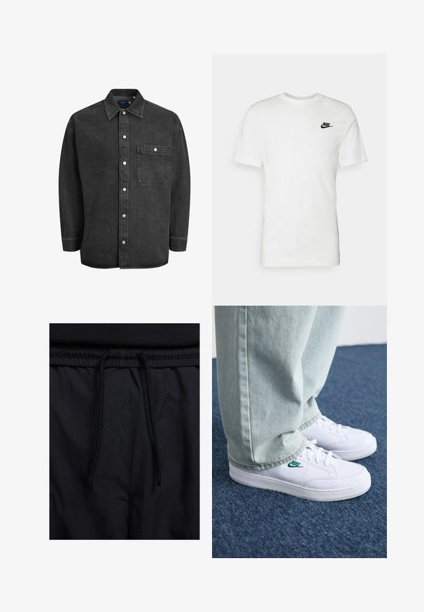 Camisa de denim preta com mangas longas, colarinho espalhado, fecho frontal por botões e um bolso no peito. Apresenta botões de pressão prateados e um corte relaxado.; T-shirt branca de algodão com mangas curtas, decote redondo e um logotipo preto da Nike na área esquerda do peito. Textura suave e ajuste clássico.; Calções pretos com um cós elástico ajustável, fabricados em tecido leve com uma textura suave e um design simples, sem logótipos ou padrões visíveis.; Tênis de couro brancos com logo verde da Nike, bico redondo, sola plana, combinados com calças de denim azul claro, exibidos sobre um tapete azul.