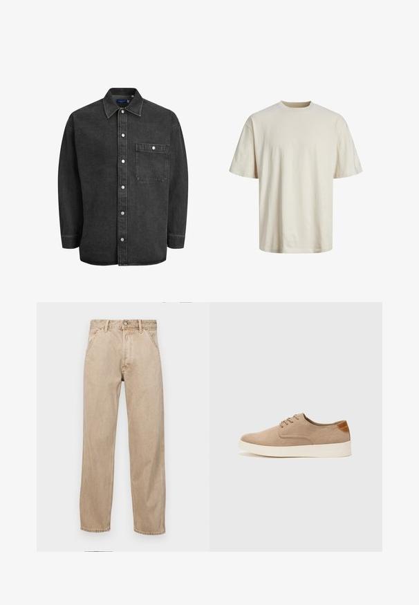 Svart denimskjorte med lange ermer, spredt krage, knappfront og én brystlomme. Har sølv snapknapper og en avslappet passform.; Crewneck bomull t-skjorte i off-white, med korte ermer, avslappet passform og en glatt, lett tekstur.; Beige denimjeans med rett ben design, med frontlommer, metallknapplukking og subtil tekstur.; Beige semskinnsko med rund tå, snøring foran og en teksturert bakre aksent. Hvit gummisåle gir kontrast. Enkelt og moderne design.