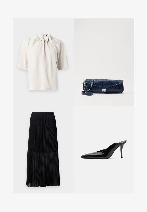 Lyhythihainen, vaaleanbeige paita, jossa on kootut kaula-aukko, koristeelliset napit ja piilotettu takalukko. Sileä kangas.; Mustan laskostetun midihameen, jossa on sileä, joustava vyötärönauha ja läpikuultava päällyskangas, jossa on hienoja pystylaskoksia koko kankaan ajan.; Mustat patentoidut korkeakorkoiset mulesandaalit, joissa on terävä kärki ja sulavalinjainen siluetti. Kenkäparissa on avonainen takaosa ja hoikka stiletto-korko.; Navy sininen nahkakukkarokotelo, jossa on krokotiilinumero, hopeaketjuolkapanta ja metallilukko. Suorakulmainen muoto taitettavalla designilla.