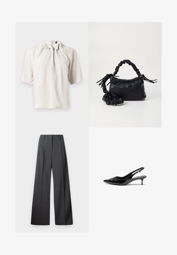Blusa de manga corta, color beige claro, con escote fruncido, que presenta botones decorativos y un cierre trasero oculto. Tejido de textura suave.; Pantalones de pierna ancha en tejido gris oscuro, con una cintura alta, pliegues simples y una textura suave con un acabado limpio en los dobladillos.; Tacones slingback de cuero negro con punta afilada, pequeño tacón kitten y un detalle de nudo decorativo en la parte frontal. Textura suave en toda la superficie.; Bolso de mano de imitación cuero negro con textura de cocodrilo, parte superior fruncida y correa arrugada. Presenta un diseño suave y compacto.