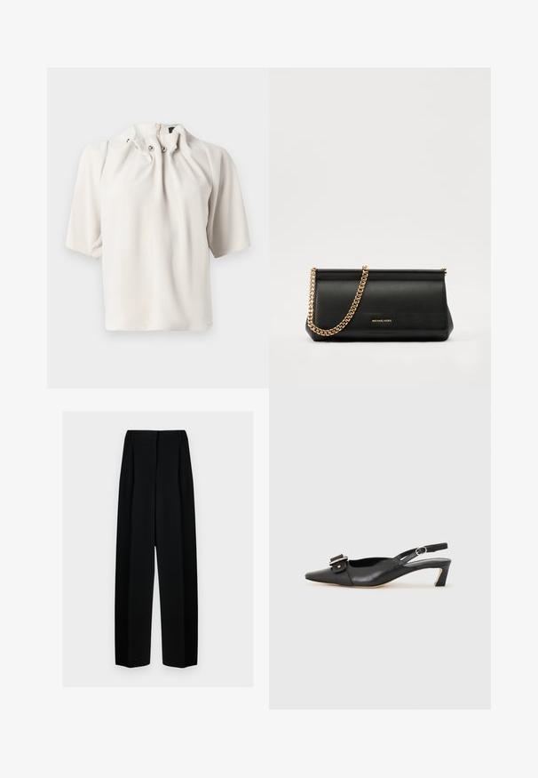 Kortsleeve, lys beige bluse med en rynket halslinning, med dekorative knapper og en skjult glidelås bak. Slette tekstur.; Svart vide bukser med høy livhøyde, med folder og en glatt tekstur. Stoffet virker lett og faller elegant.; Svarte skinn slingback-sko med spiss tå, liten hæl og dekorativ spenne-detalj på overdelen. Glatt tekstur, minimalistisk design.; Svart skinnkuvertveske med en gullkjede-rem, med en glatt tekstur, rektangulær form og preget merkevare på forsiden.