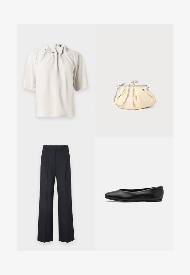 Short-sleeve, light beige blouse with a gathered neckline, featuring decorative buttons and a concealed back zipper. Smooth fabric texture.; Dark blue pinstriped trousers with a high waist, wide leg design, and no visible hardware or embellishments. Smooth texture and tailored fit.; Paul Smith TOPANGA - Ballet pumps - black; Pleated beige leather clutch with a silver metal frame, featuring two round decorative clasps and a silver chain strap.