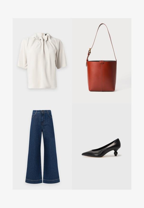 Kurzärmlige, hellbeige Bluse mit gerafftem Ausschnitt, dekorativen Knöpfen und einem verdeckten Reißverschluss im Rücken. Glatte Stoffstruktur.; Weite blaue Jeans aus Denim mit hoher Taille, ausgestattet mit einem Knopfverschluss, Gürtelschlaufen und dezenten Stichdetails an den Taschen und Säumen.; Schwarze Leder-Pumps mit spitzem Zehenbereich und runder, ballförmiger Ferse. Glatte Textur mit einem eleganten, minimalistischen Design.; Braune Leder-Eimer-Tasche mit verstellbarem Schultergurt und goldfarbener Schnalle, einfache vertikale Nahtdetails auf der Vorderseite.
