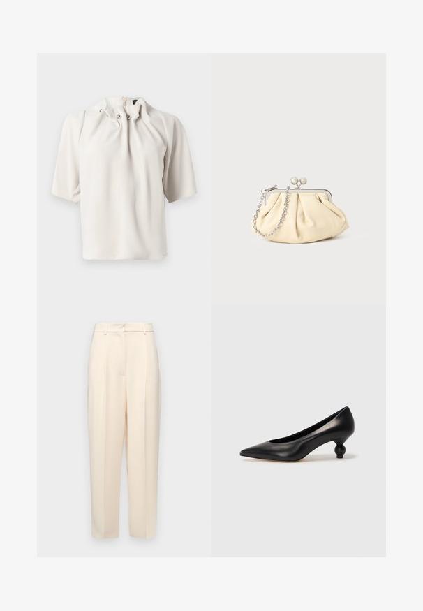 Šviesiai smėlio spalvos trumpų rankovių bluzonas su susiraukšlėtu kaklu, puošniais mygtukais ir paslėptu užtrauktuku nugaroje. Lygi audinio tekstūra.; Bežinės pritaikytos kelnės su tiesiu kirpimu, su raukšlėmis priekyje, lygia tekstūra ir vidutinio aukščio juosmens. Nematomos kišenės.; Juoda odinė aukštakulnė bateliai su smailiu pirštu ir apvaliu, iškiliu kulnu. Lygus paviršius su elegantišku, minimalistiniu dizainu.; Plyšiniai smėlio spalvos odiniai rankinukai su sidabriniu metaliniu rėmu, turintys du apvalius dekoratyvinius užtrauktukus ir sidabrinę grandinėlę.