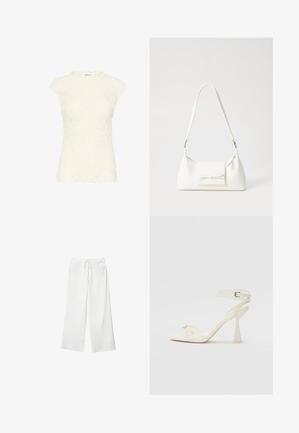 Top bianco in pizzo con scollatura a onda e maniche corte. Presenta un motivo floreale testurizzato su tutta la superficie. Tessuto morbido con una forma aderente.; Pantaloni bianchi a gamba larga realizzati in tessuto morbido, con vita regolabile e due tasche frontali. Texture liscia e senza motivi visibili.; Sandalo con tacco alto e fasce in pelle bianca, dal design elegante, con un tacco a blocco trasparente e un elemento decorativo sulla punta.; Borsa sintetica bianca a forma triangolare, con patta anteriore piatta e dettaglio a fiocco, tracolla regolabile, texture liscia e design minimalista.