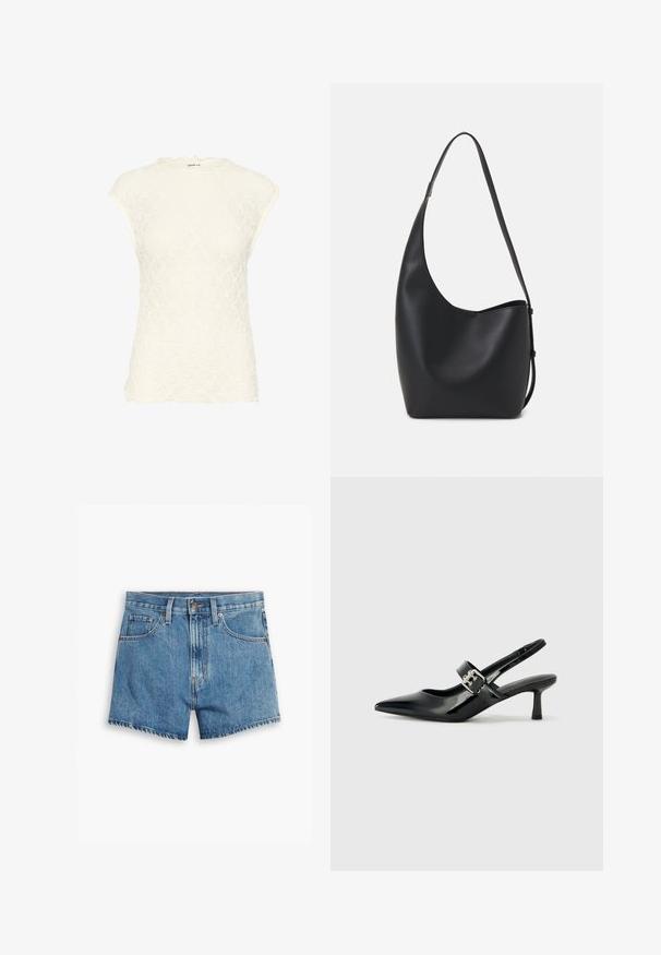 Top de encaje blanco con un escote con volantes y mangas cortas. Presenta un patrón floral texturizado en toda su superficie. Tejido suave con una forma ajustada.; Pantalones cortos de denim en azul claro, con cinco bolsillos, cremallera y cierre de botón. El dobladillo está deshilachado y tiene un diseño de ajuste relajado.; Zapatos de tacón en charol negro con tira al tobillo, punta afilada y un pequeño tacón bloque, que cuentan con un acento de hebilla plateada en la correa.; Bolso tipo hobo de cuero negro con una textura suave, forma curvada y una sola correa ajustable; presenta una amplia apertura en la parte superior.