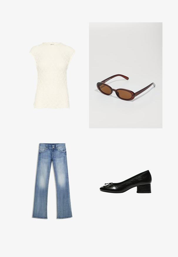 White lace top with a scalloped neckline and short sleeves. Features a textured floral pattern throughout. Soft fabric with a fitted shape.; Light blue denim jeans with a straight leg design, five pockets, two-button closure, and faded texture on the front and back.; Black patent leather pump with a rounded toe, small block heel, and bow accent on the front. Smooth texture with a glossy finish.; Round, brown-tinted sunglasses with a glossy burgundy frame. Slim arms with subtle branding detail. Flat lens design.; Soft wool scarf featuring blue, white, and gray stripes, with a fringed hem. The textures appear fuzzy and warm.