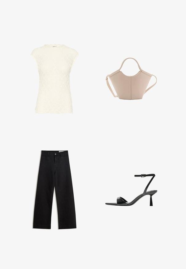 Weißes Spitzenoberteil mit einem gewellten Ausschnitt und kurzen Ärmeln. Verfügt über ein strukturiertes florales Muster. Aus weichendem Stoff mit einer figurbetonten Passform.; Schwarze weit geschnittene Jeans mit hoher Taille, ausgestattet mit Vorder- und Hintertaschen, gesteppten Nähten und einem Knopfverschluss. Glatte Textur.; Bershka High Heel Sandalette - black; Beige Lederhandtasche mit einer einzigartigen Form, die zwei kurze Henkel und einen langen verstellbaren Riemen aufweist. Glatte Textur mit minimalen Hardware-Elementen.