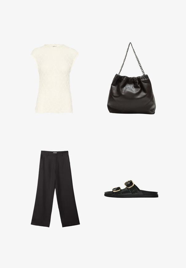 Witte kant top met een scalloped halslijn en korte mouwen. Heeft een getextureerd bloemenpatroon over de gehele lengte. Zachte stof met een getailleerde pasvorm.; Zwarte wijde broek van gladde stof, met een ritssluiting aan de voorkant en twee zijzakken, een getailleerde pasvorm en een minimalistisch ontwerp.; Zwarte slipper met twee gouden gesps, gladde textuur, platte zool en een minimalistisch ontwerp.; Bruine leren tas met een geplooide bovenkant en een kettinghengsel. Glad textuur met een glanzende afwerking en subtiele naaddetails aan de zijkanten.