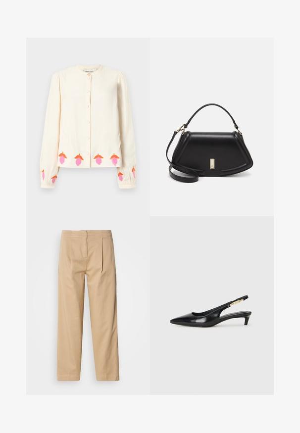Kremfarget bluse med lange ermer og rund hals, med knappelukking og broderte blomsterdesign i rosa og oransje ved nederkant og mansjetter.; Beige bomullsbukser med avslappet passform, med to frontplisser, rette ben og en klassisk knappelukking i midjen.; Sorte lærreim hæler med spiss tå, som har en slank hæl og en gullfarget detalj på den justerbare stroppen. Glatt tekstur.; Sort lærveske med en strukturert design, som har en avkortet form, topphåndtak og detaljer i gull. Justerbar skulderstropp inkludert.