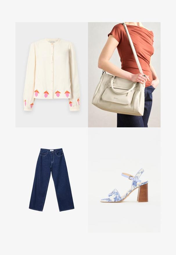 Kremasta bluza s dugim rukavima, okruglim izrezom, zatvaranjem na dugmad i vezom cvjetnih uzoraka u ružičastoj i narančastoj boji na rubu i manžetama.; Široke tamnoplave traperice s dugmadi, pet džepova i kontrastnim bijelim šavovima. Tkanina ima glatku, lagano teksturiranu površinu.; Plave sandale s cvjetnim uzorkom, kvadratnog vrha, širokim remenom i podesivim remenom oko gležnja, s teksturiranim drvenim blok potplatom.; Bijela kožna torba s dvije ručke i odvojivim remenom, s prednjim zatvornim džepom i glatkom teksturom. Drži se na ruci osobe.