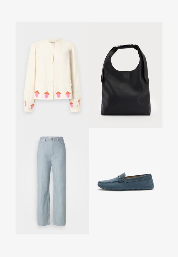 Blusa a maniche lunghe crema con scollatura rotonda, chiusura a bottoni e ricami floreali nei toni del rosa e arancione sull'orlo e sui polsini.; Jeans dritti blu chiaro in denim. Presentano cinque tasche, una chiusura con bottone in metallo e leggere sfumature per aggiungere texture.; Mocassini in suede blu con suola piatta, caratterizzati da un design cucito lungo i bordi e un accento metallico decorativo nella parte anteriore.; Borsa hobo in pelle nera con un manico unico, morbido e arrotondato; presenta una texture liscia e un design minimalista. Nessun hardware o accenti visibili.