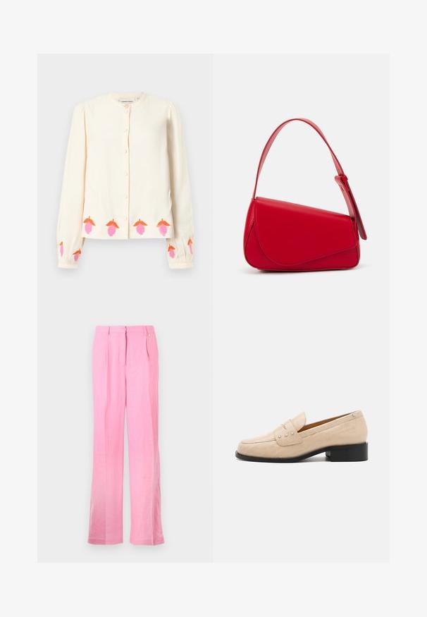 Kreemi pitkähihainen paita, jossa on pyöreä pääntie, nappikiinnitys sekä kukkakirjonta vaaleanpunaisena ja oranssina helman ja hihansuiden kohdalla.; Vaaleanpunaiset pellavahousut, joissa on rento istuvuus, etu laskokset, napitus ja taskut sivuilla. Sujuva rakenne ja suorat lahkeet.; Beige nahkakengät krokotiiliasteisella pinnalla, joissa on neliön muotoinen kärki ja kolme metallista tähteä päällä. Musta matala kanta.; Punainen nahkalaukku, jossa on kulmikas, geometrinen muotoilu. Varustettu yhdellä säädettävällä hihnalla ja läpällä, jossa on ommeltu yksityiskohtia.