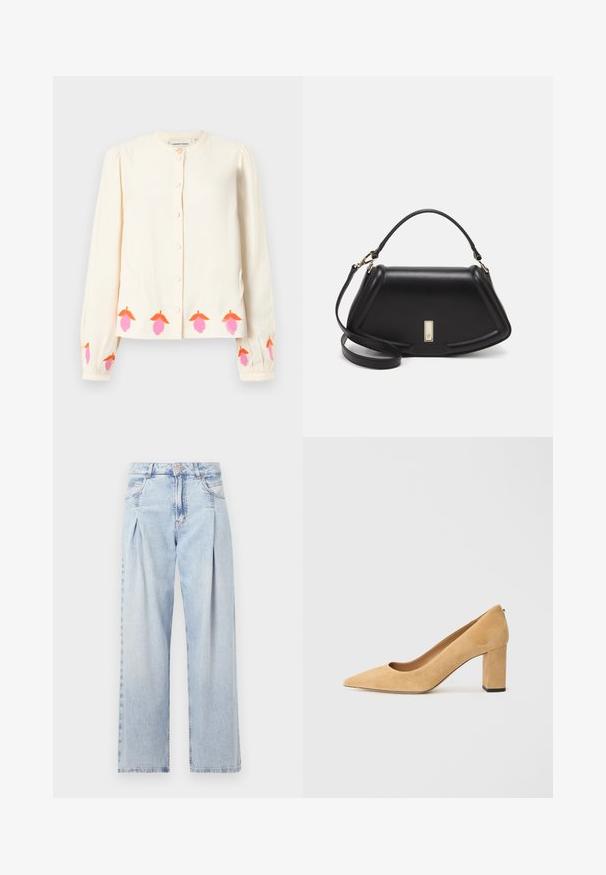 Kremowa bluzka z długim rękawem, okrągłym dekoltem, zapięciem na guziki oraz haftowanymi, kwiatowymi wzorami w odcieniach różu i pomarańczowego na dolnej krawędzi i mankietach.; Jasnoniebieskie dżinsy z wysokim stanem, szerokimi nogawkami, dwoma bocznymi kieszeniami oraz plisowanym wzorem. Miękka tekstura z wyblakłym wykończeniem.; Beżowe zamszowe czółenka na wysokim obcasie z ostrym noskiem i szerokim słupkiem. Materiał ma miękką fakturę i gładkie wykończenie.; Czarna skórzana torebka o strukturalnym designie, z przyciętą formą, górnym uchwytem i złotymi akcentami. W zestawie regulowany pasek na ramię.