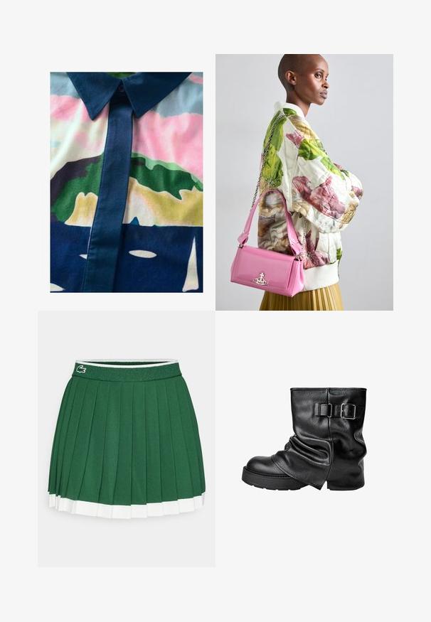 Koszula zapinana na guziki z kolorowym abstrakcyjnym wzorem. Wykonana z gładkiego materiału, z ciemnym kołnierzem i plisą w pastelowych odcieniach.; Zielona spódnica plisowana z teksturowanym pasem. Posiada białe akcenty na dolnym brzegu oraz małe logo marki na pasie.; Czarne skórzane botki do kostki z luźnym fasonem, kwadratowym noskiem i boczną sprzączką. Gruba podeszwa zapewnia dodatkową wysokość i stabilność.; Kurtka bomber z pikowanym kwiatowym wzorem w kolorach zielonym, różowym i beżowym; w zestawie z błyszczącą różową torebką z łańcuszkiem i logo.