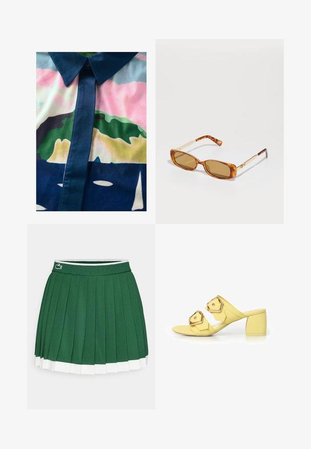 Button-up shirt with a colorful abstract pattern. Made of smooth fabric, featuring a dark collar and placket with pastel hues.; Green pleated skirt with a textured waistband. Features white accents at the hem and a small brand logo on the waistband.; Yellow slide sandals with a block heel, featuring two oversized hexagonal buckles and a smooth, matte surface. Flat sole and open design.; Brown tortoiseshell sunglasses with rectangular frames, gold metal arms, and light brown lenses. Sleek design, no visible logos.; Quilted floral bomber jacket in green, pink, and beige; paired with a glossy pink handbag featuring a chain strap and logo hardware.; La Manso SQUARE ICONIC - Ring - black