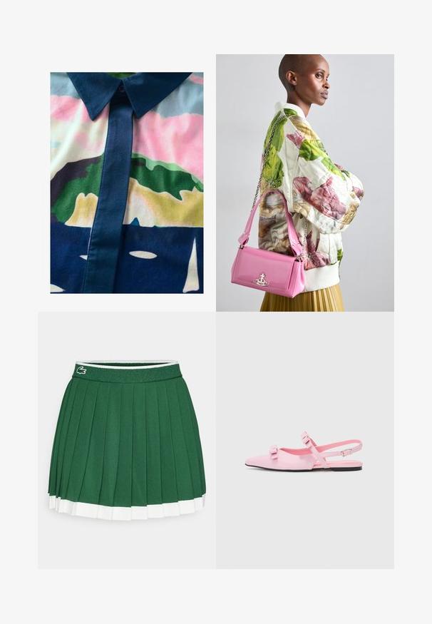 Skjorte med knaplukning og et farverigt abstrakt mønster. Lavet af glat stof, med en mørk krave og stolpe i pastelfarver.; Grøn plisseret nederdel med en tekstureret talje. Har hvide detaljer i kanten og et lille brandlogo på taljen.; Lyserøde, flade slingback-sko med spids tå og to dekorative sløjfer. Glat syntetisk materiale, minimalistisch design og en tynd ankelrem.; Quilted blomster bomberjakke i grøn, pink og beige; parret med en glinsende pink håndtaske med kædestrop og logo hardware.