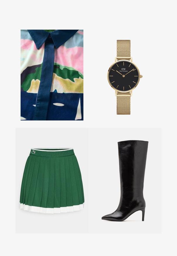 Overhemd met knopen en een kleurrijk abstract patroon. Gemaakt van gladde stof, met een donkere kraag en knoopsluiting in pastelkleuren.; Groene geplooide rok met een gemêleerde tailleband. Kenmerkt zich door witte accenten aan de zoom en een klein merklogo op de tailleband.; Call it Spring RHODDE - Laarzen met hoge hak - black; Gouden mesh horloge met een zwarte ronde wijzerplaat, minimalistische indexen en een zilveren kroon; heeft een logo op de positie van 12 uur.
