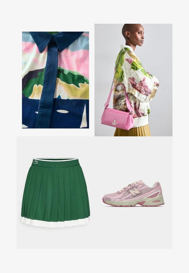 Nupuga särk värvilise abstraktse mustriga. Valmistatud siledast kangast, tumeda krae ja nööbirea ning pastelltoonidega.; Roheline volditud seelik tekstureeritud vöökohtiga. Omab valgeid detaile servas ja väikest brändi logo vöökohal.; Roosa ja beež New Balance 740 sneaker, millel on võrkkattega ja sünteetilisest materjalist ülemine osa, paelaga kinnitus ja pehme tallaga, kujutatud külgprofilis.; Õmmeldud lilleline bombers Jope rohelises, roosas ja beežis; koos läikiva roosa käekotiga, millel on ahelstraps ja kaubamärgi riistvara.