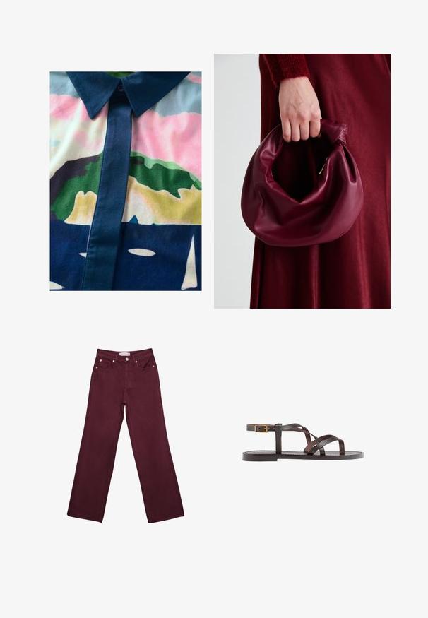 Chemise à boutons avec un motif abstrait coloré. Fabriquée en tissu lisse, avec un col et une patte de boutonnage sombres aux teintes pastel.; Jean taille haute bordeaux avec coupe droite, dotés de poches avant, d'une fermeture à bouton et d'accents en métal couleur cuivre.; Sandale en cuir marron avec des brides entrecroisées, une fermeture à boucle à la cheville et une semelle plate avec des détails de couture minimaux.; Sac à main en cuir bordeaux au design doux et froncé, avec une forme arrondie. La poignée est fixée, mettant en valeur une texture lisse.