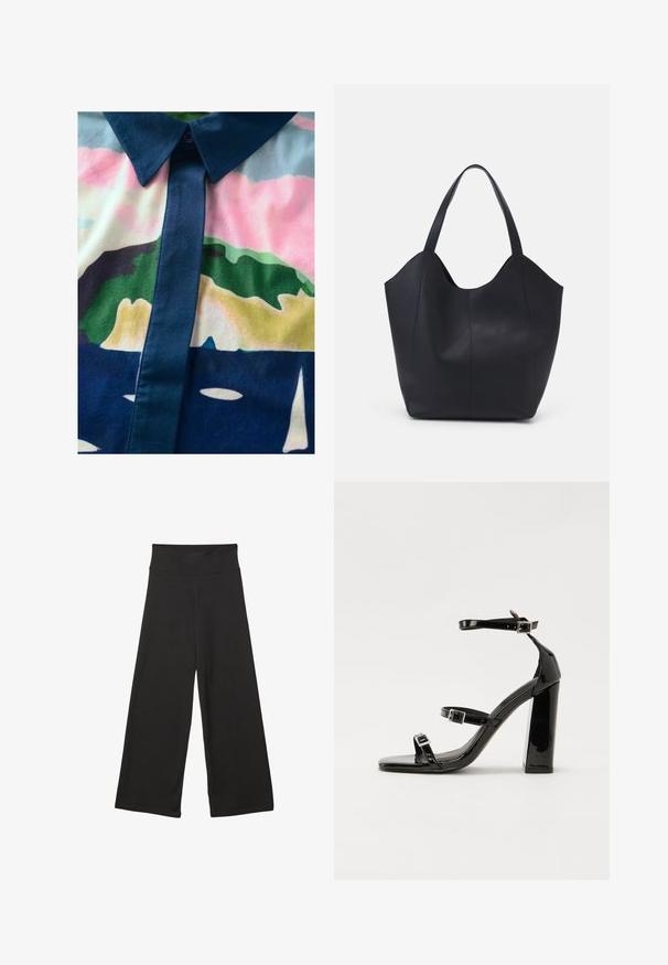 Košulja s dugim rukavima s šarenim apstraktnim uzorkom. Izrađena od glatkog materijala, s tamnim ovratnikom i prorezom te pastelnim nijansama.; Crne široke hlače s visokim elastičnim pojasom, mekanim materijalom i slobodnim krojem, pogodne za ležerno nošenje ili opuštene prostore.; Crne lakirane sandale na pete sa kvadratnim nosom, trakama oko gležnja i srebrnim kopčama. Imaju čvrst blok petu za stabilnost.; Crna torba od glatke kože, s zakrivljenim otvorenim vrhom, dva remena za rame i minimalističkim dizajnom.
