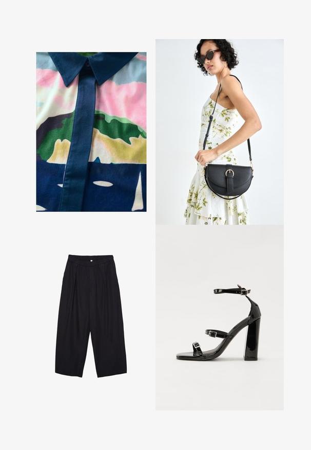 Hemd mit Knöpfen und einem bunten, abstrakten Muster. Aus glattem Stoff gefertigt, mit einem dunklen Kragen und einer Knopfleiste in Pastellfarben.; Schwarze Polyester-Culotte mit einem elastischen Bund, zwei vorderen Falten und einer lockeren Silhouette. Keine sichtbaren Muster oder Hardware-Details.; Schwarze patentierte Sandalen mit Absatz, quadratischer Spitze, Knöchelriemen und silbernen Schnallen. Mit einem stabilen Blockabsatz für mehr Stabilität.; Schwarze Lederhandtasche mit geschwungener Form, abnehmbarem Tragegurt und goldenen Beschlägen. Die Tasche verfügt über einen Deckel mit einer Schnallen-Details.