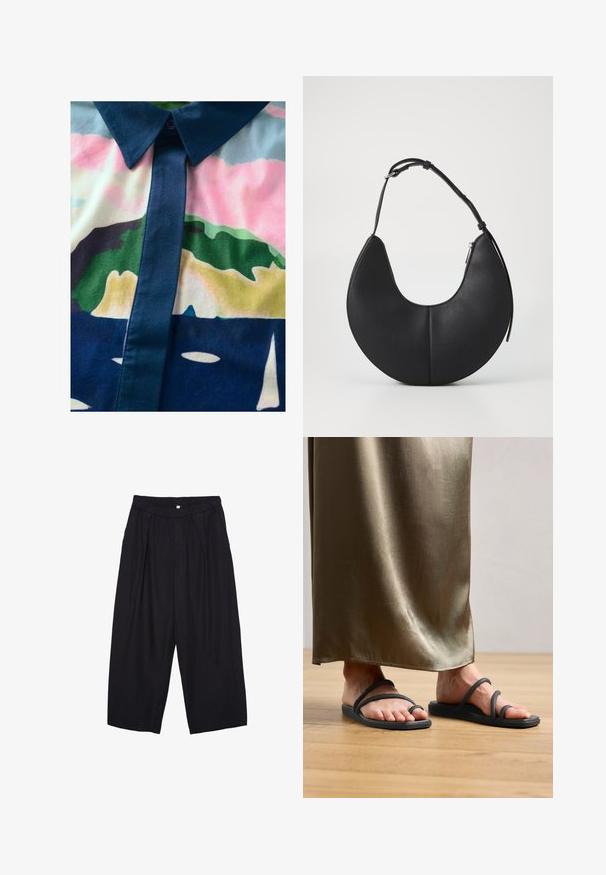 Košile na knoflíky s barevným abstraktním vzorem. Vyrobena z hladké tkaniny, s tmavým límcem a légou v pastelových barvách.; Černé polyesterové culotte kalhoty s elastickým pasem, dvěma předními sklady a volným siluetou. Žádné viditelné vzory ani kovové detaily.; Černé gumové žabky s dvěma tenkými pásky a jedním okem na palec. Položené na dřevěné podlaze vedle saténové sukně olivové barvy.; Černá kožená kabelka ve tvaru půlměsíce s hladkým povrchem, jedním nastavitelným popruhem a zipovým uzávěrem na boku.