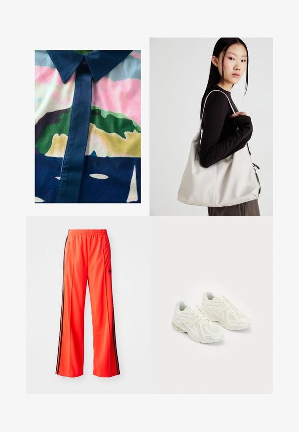 Švarkas su mygtukais, puoštas spalvinga abstrakčia raštika. Pagamintas iš lygaus audinio, turi tamsų apykaklę ir mygtukų juostą su pastelinių spalvų akcentais.; Ryškiai oranžinės sportinės kelnės su plačiais kojomis, kurios turi juodas šonines juostas ir elastingą juosmenį. Įtrauktas užtrauktuku uždaromas kišenė.; Balti sportiniai bateliai su tinkleliu ir sintetinėmis medžiagomis, su raišteliais, paminkštinta apykakle ir tekstūruotu padu geresniam sukibimui. Lengvas dizainas.; Bežinė rankinė, pagaminta iš minkštos medžiagos, turinti laisvą dizainą, siuvinėtas detalės ir dvi petnešos. Tinkama kasdieniam naudojimui.