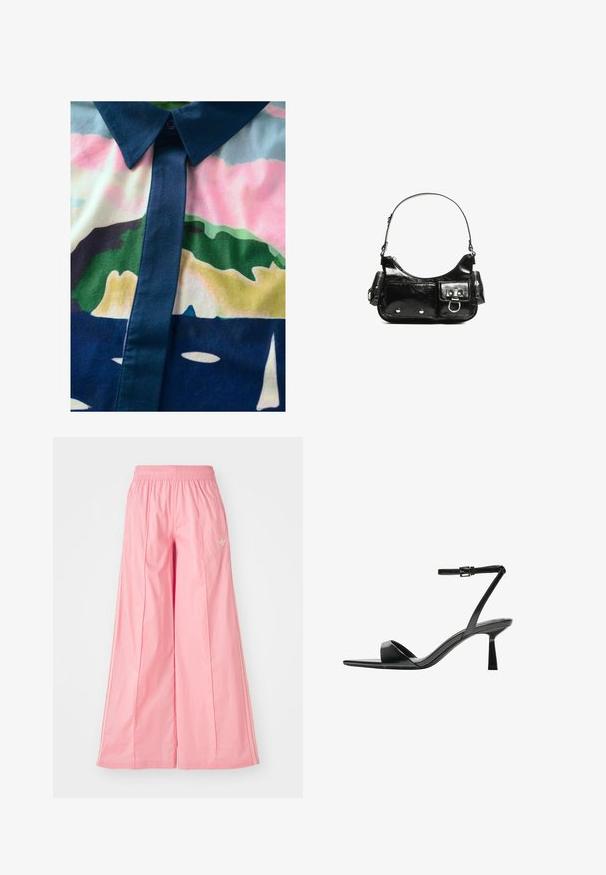 Gombos ing színes absztrakt mintával. Simogatós anyagból készült, sötét gallérral és gombolással, pasztell árnyalatokkal.; Rózsaszín, széles lábú nadrág, könnyű anyagból készült, elasztikus derékkal és finom fehér oldalsávokkal. Kicsi logó az elején.; Bershka Magas sarkú szandálok - black; Fekete lakkbőr kézitáska ívelt formával, egy vállpánttal, elülső zsebekkel és ezüstszínű fémrészletekkel.