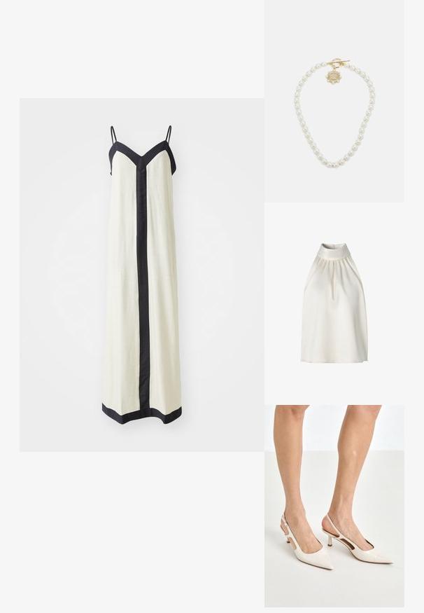 Bežinis halter tipo be rankovių marškinėlis, pagamintas iš glotnaus audinio, su klostėmis priekyje, aukšta apykakle ir tiesia apatine kraštine.; Kreminė ilgomis sijonais su be rankovių su giliu V formos iškirpimu ir juodu apvadu palei kraštus ir priekinę dalį. Pagaminta iš lengvos medžiagos.; Šviesiai pilkos, lakuotos odos slingback aukštakulniai su smailiu noseliu ir 5 cm kulnu, su išpjovomis šonuose ir plona kulkšnies juostele.; Balta gėlių rankinė su susiraukšlėjusia audinio paviršiumi, auksinės spalvos grandinėlės dirželiu ir metaliniu uždarymu. Papuošta tekstūruotomis žiedlapėmis, pridėjančiomis detalių.; Lauren Ralph Lauren COLLAR - Grandinėlė - gold-coloured/white