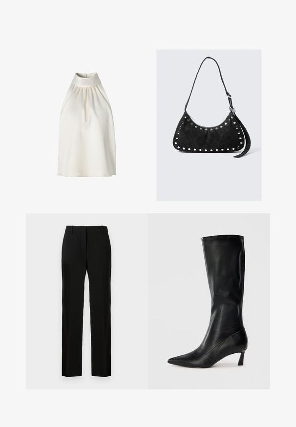 Haltersløjfe ærmeløs top i glat cremefarvet stof, med plisseringer langs forsiden, en høj krave og en lige nederkant.; Sorte bukser med lige ben, lavet af glat stof, med flad front, bæltestropper og ingen synlige mønstre eller detaljer.; Sorte læderknæhøje støvler med spidse tæer og en modest hæl. Glat tekstur og slankt design med subtile syninger.; Sort faux læder håndtaske med en buet form, prydet med cirkulære metalnitter langs kanten, med en lynlås lukning og en lang rem.
