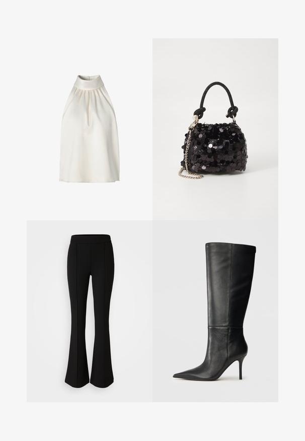 Haltersløjfe ærmeløs top i glat cremefarvet stof, med plisseringer langs forsiden, en høj krave og en lige nederkant.; Sorte flared bukser lavet af et strækbart materiale med en glat tekstur, der har sømdetaljer langs forsiden for ekstra design.; Sorte læder knæhøje støvler med spidse tæer og slanke stiletto hæle, glat tekstur, sideprofil på neutral baggrund.; Sort pailette mini håndtaske med en knyttet struktureret rem og sølv kæde. Rund form med samlet top og reflekterende detaljer.